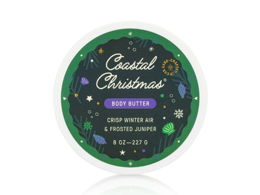 Coastal Christmas body butter container with green label on a white background