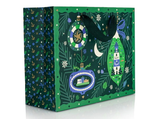 Decorative green gift bag with festive designs on a white background