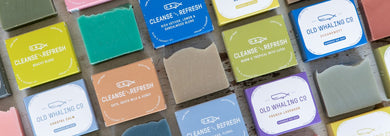 Old Whaling Co variety of bar soaps in and out of box flatlay