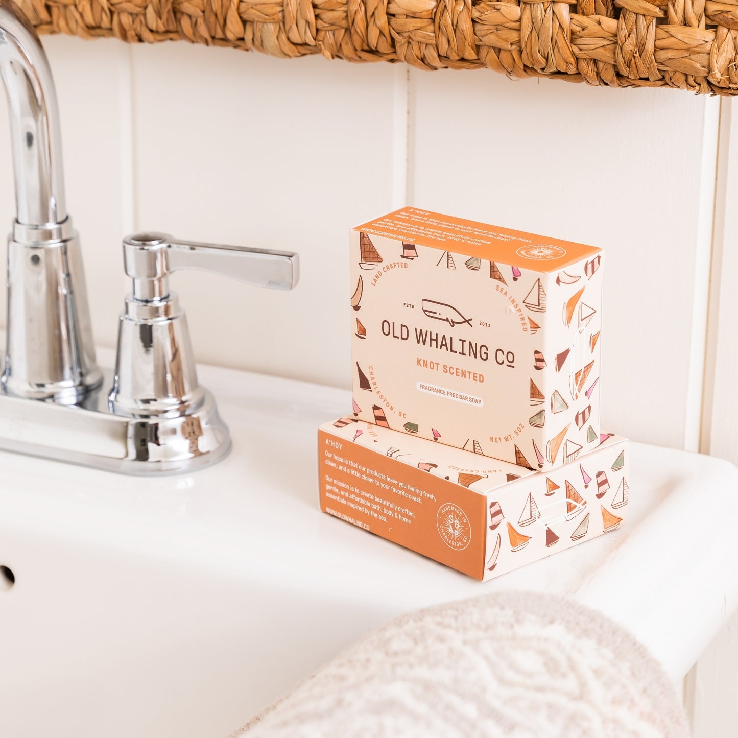 2 Knot Scented Bar Soap styled beside sink