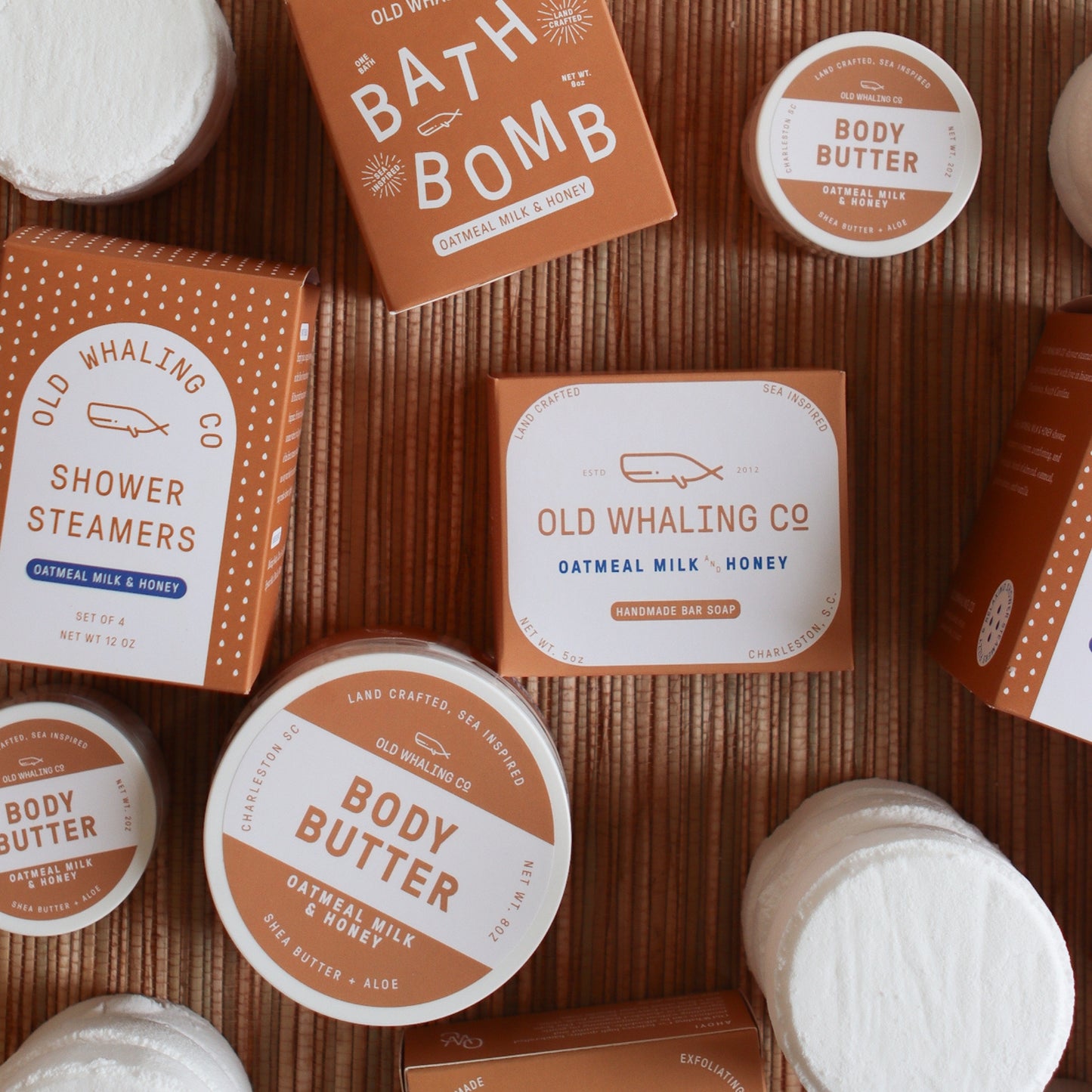 Styled top view of Oatmeal Milk & Honey product line