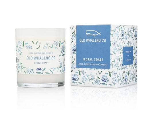 Old Whaling Co Floral Coast Soy Wax Hydrangea Scented Candle handmade in Charleston, South Carolina. Hydrangea packaging design collaboration with Blakely Made.