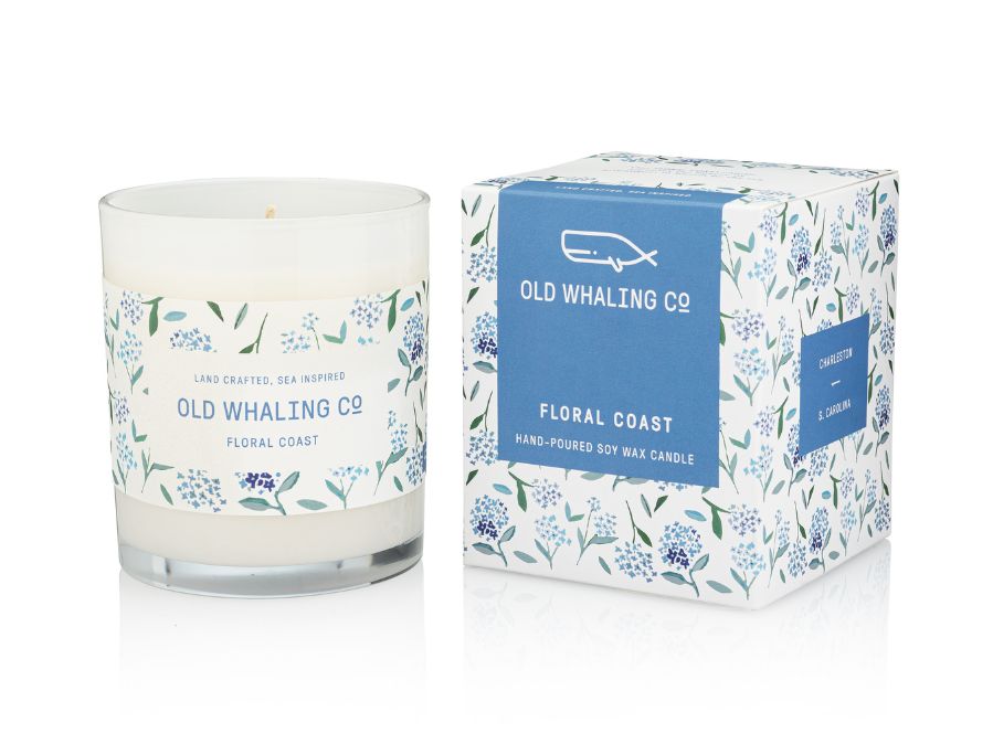 Old Whaling Co Floral Coast Soy Wax Hydrangea Scented Candle handmade in Charleston, South Carolina. Hydrangea packaging design collaboration with Blakely Made.