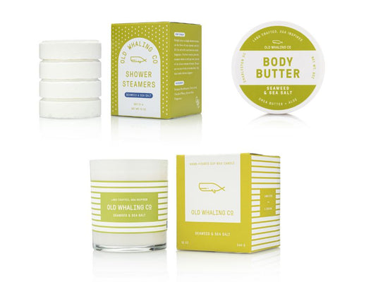 Old Whaling Company Seaweed & Sea Salt Shower Bundle including Shower Steamer, 8oz Body Butter, and Candle