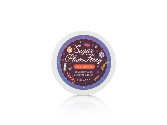 Jar of Sugar Plum Ferry body butter on a white background