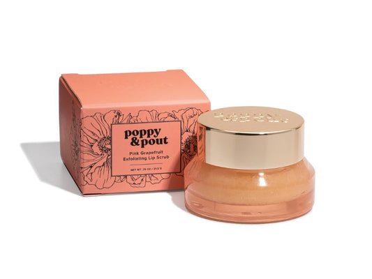 Poppy & Pout Pink Grapefruit Lip Scrub out of box and on white background