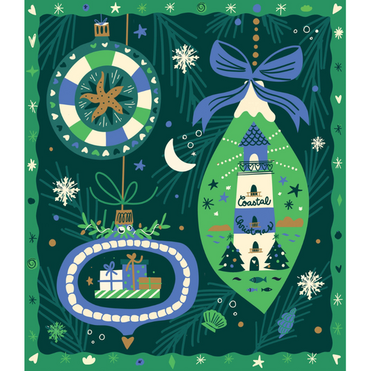 Coastal Christmas design by Lulu Dubreuil on back of packaging 