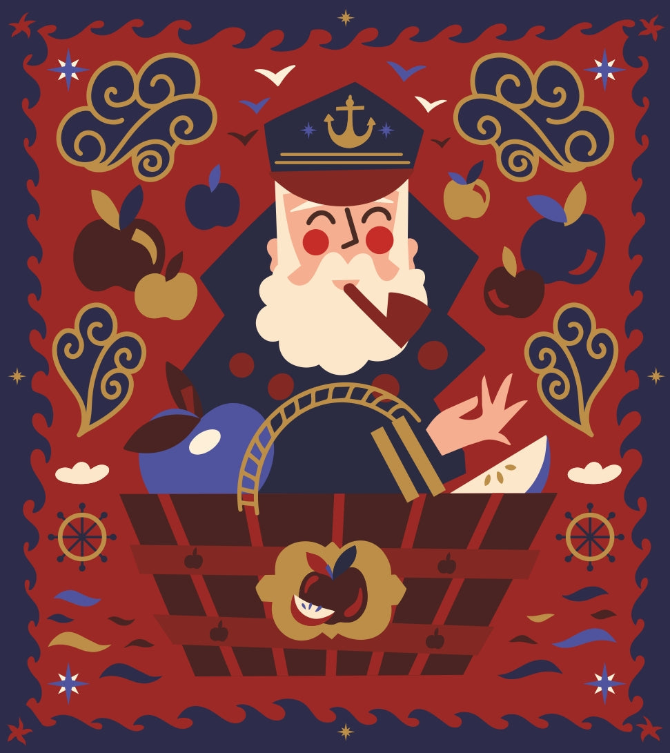 Admirals Apple illustration on back of candle box by Lulu Dubreuil