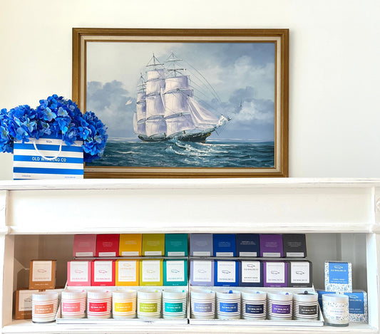 Old Whaling Company full collection of candles on display in retail location on King Street in Charleston, SC