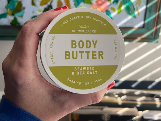 New Seaweed and Sea Salt body butter labels in front of the Wendy Brightbill painting in April's office! 