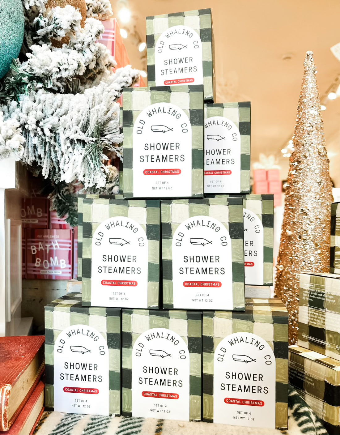 Old Whaling Company pyramid of Coastal Christmas shower steamers on display in retail store in Charleston, SC