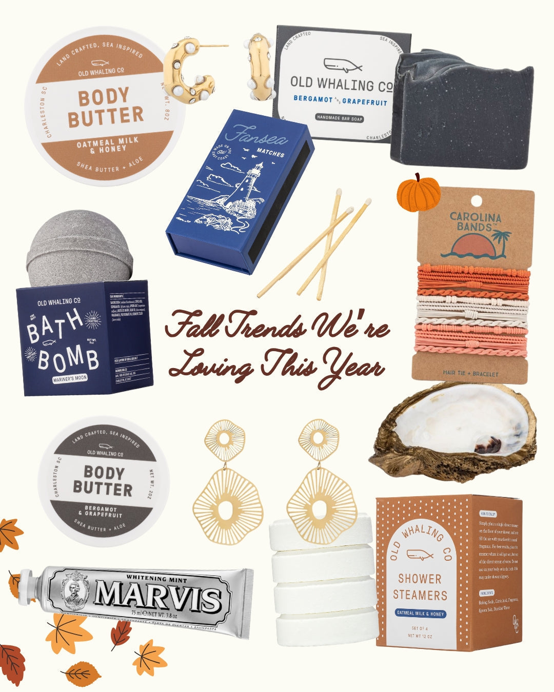 Cover flat lay of fall favorite products for blog