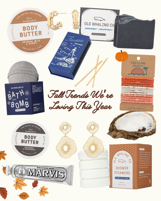 Cover flat lay of fall favorite products for blog