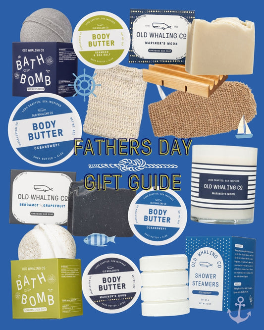 Blue Fathers Day gift guide with products and nautical elements