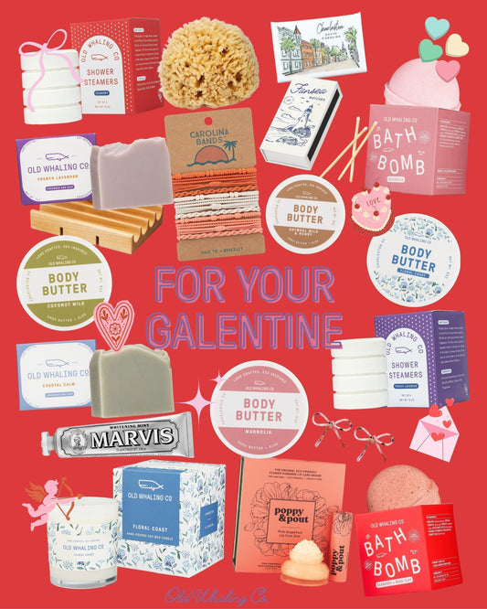 Galentines Day gift guide showing flat lay on red background with Old Whaling Co products with other accessories 