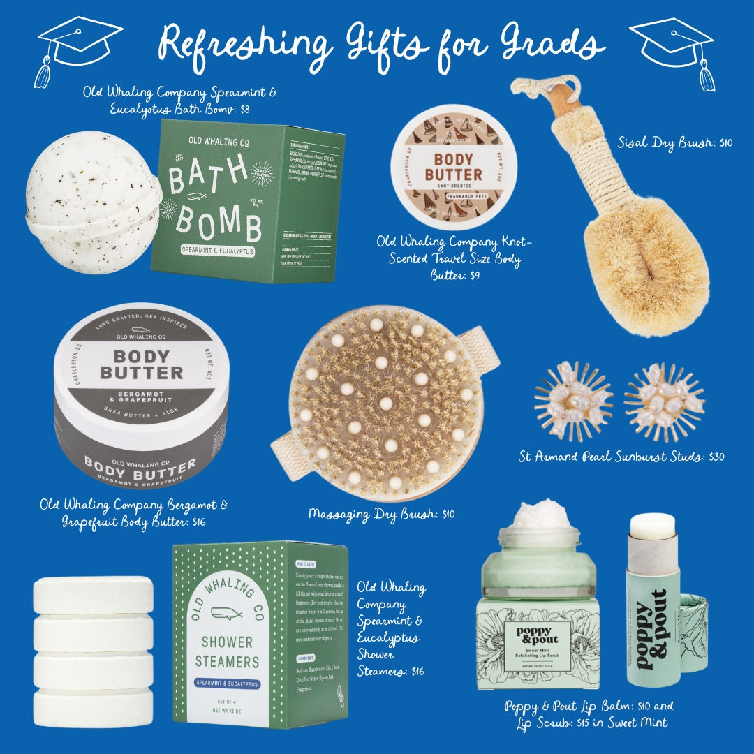Grad gift guide with refreshing themed products on blue background