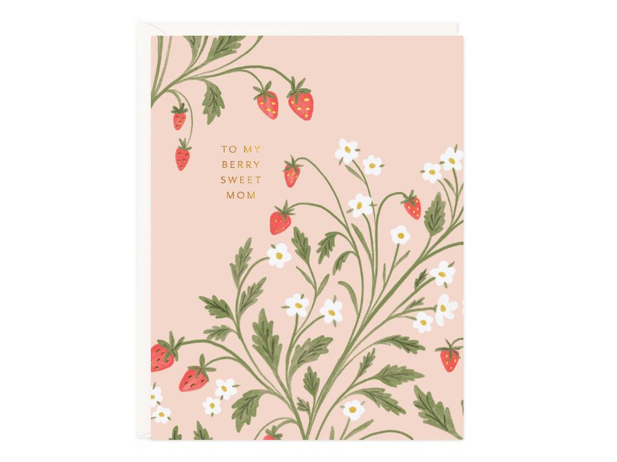 Mother's Day Card with strawberry and flower design on a pink background