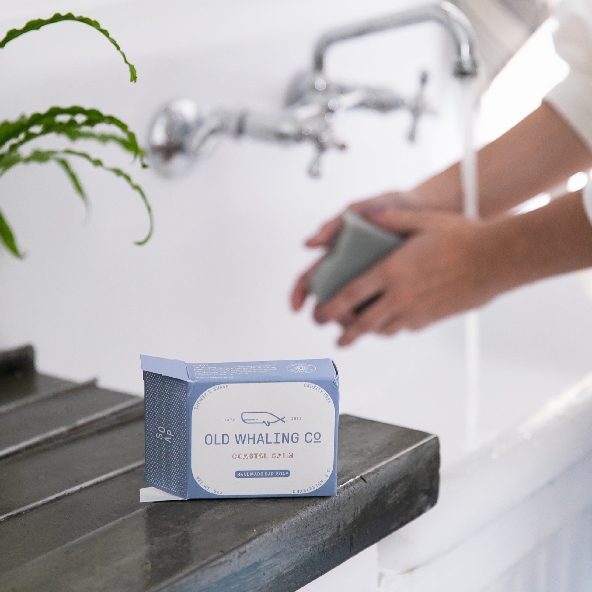 Coastal Calm Bar Soap packaging displayed in front of sink