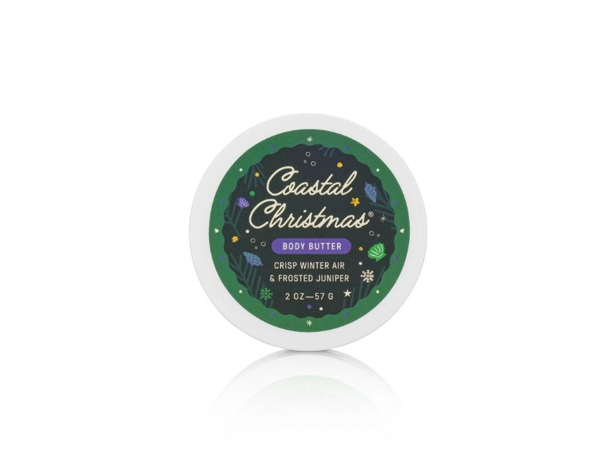 Body butter container labeled 'Coastal Christmas' on a white background