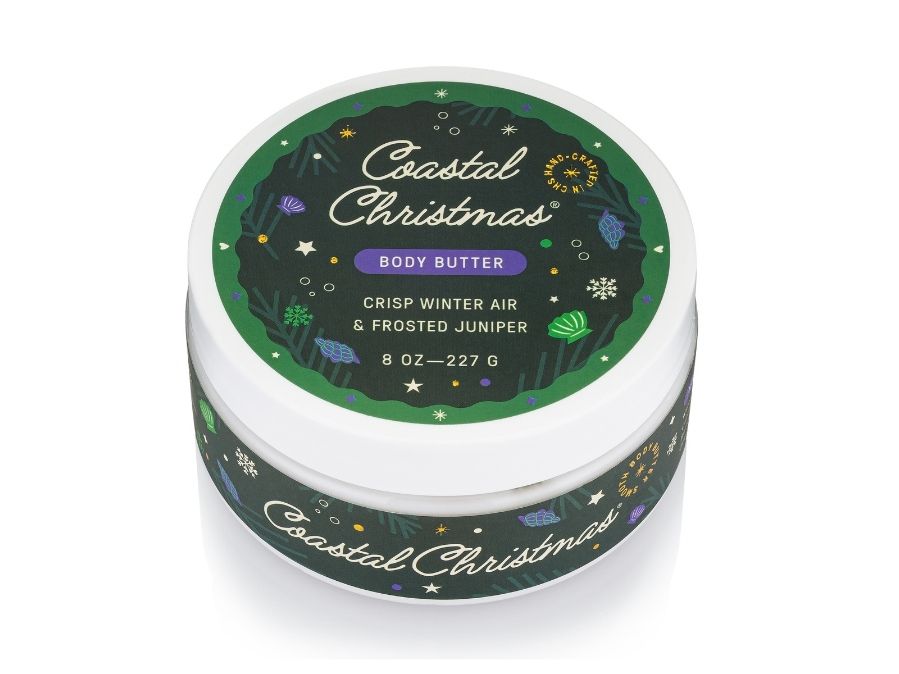 Coastal Christmas body butter jar with green and white design on a white background