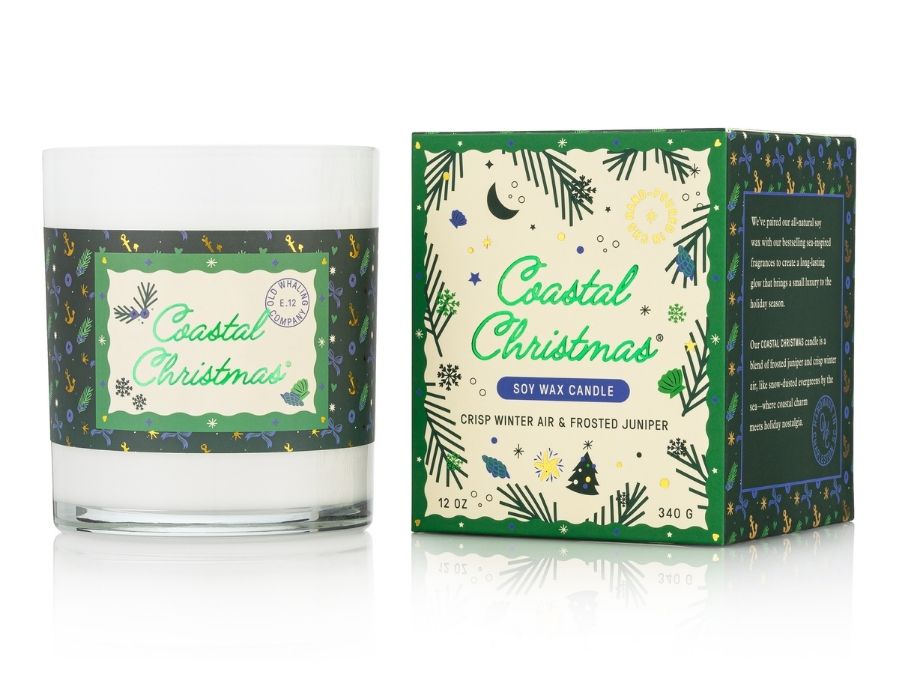 Coastal Christmas candle and packaging on a white background
