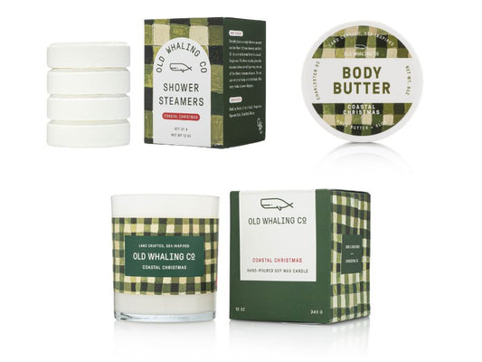 Coastal Christmas shower steamers, body butter, and candle on a white background