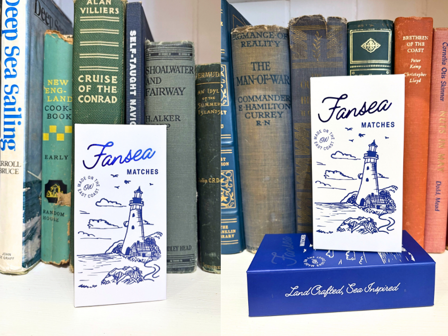 Matches with lighthouse design on a blue box and bookshelf background