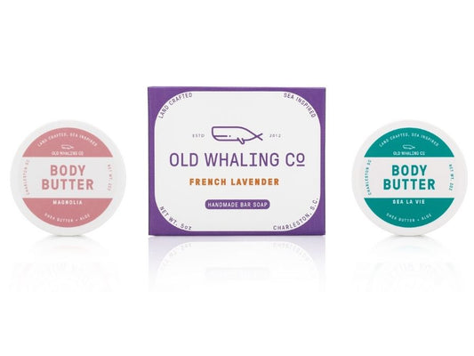 Old Whaling Floral Discovery bundle Lavender soap travel size Magnolia and Sea La Vie body butter handmade in Charleston, SC