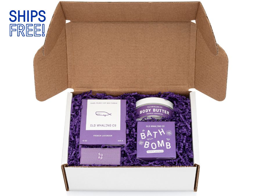 Old Whaling Company Lavender Gift box in white box with purple crinkle paper 