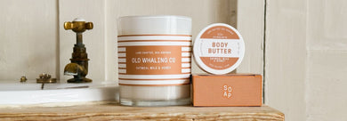 Oatmeal Milk & Honey candle soap and travel size body butter handmade by Old Whaling company in Charleston, SC