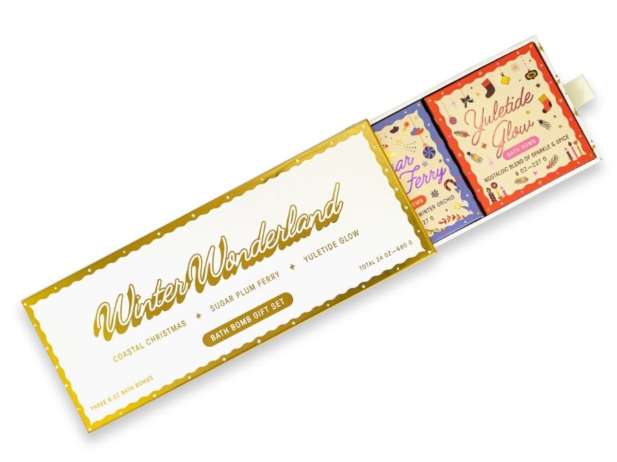 Set of bath bombs with 'Winter Wonderland' labels on a white background.