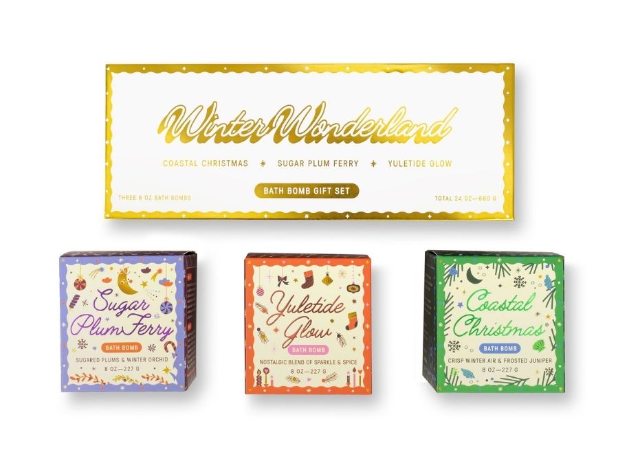 Set of bath bomb gift boxes with 'Winter Wonderland' branding on a white background