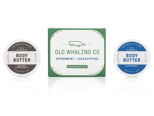 Old Whaling Company Invigorating Discovery Kit Spearmint & Eucalyptus bar soap and travel size Bergamot & Grapefruit and Oceanswept® body butter