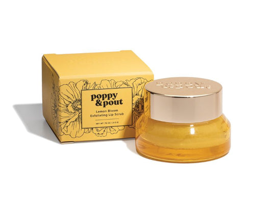 Poppy and Pout lemon bloom lip scrub jar and box 