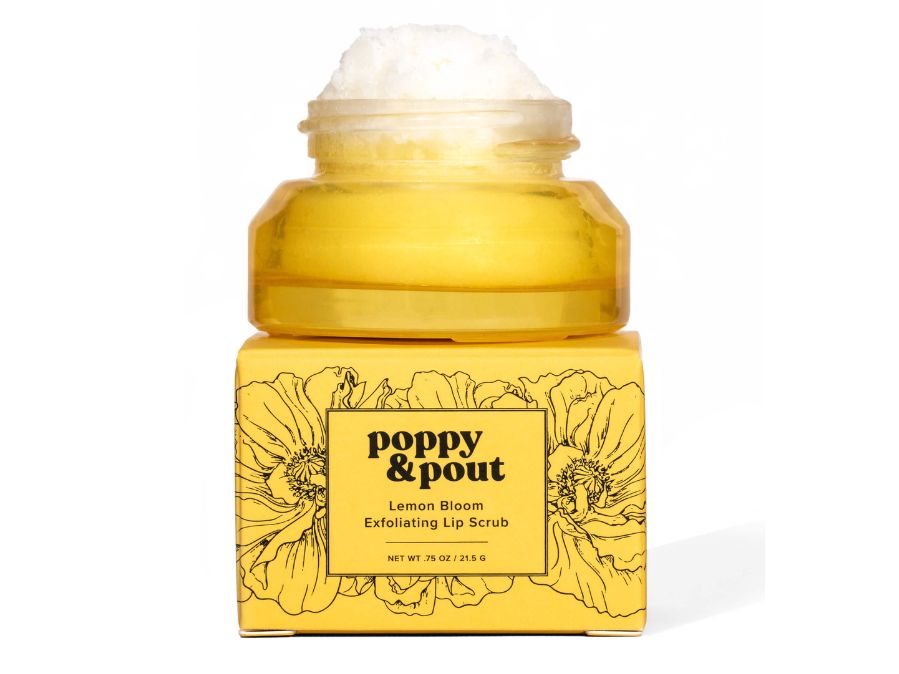 Poppy and Pout lemon bloom lip scrub jar and box, open with scrub