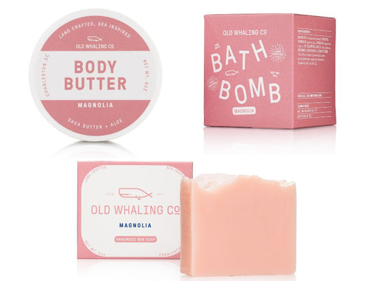 Old Whaling Co. Magnolia  pink body butter, bath bomb, and soap on a white background