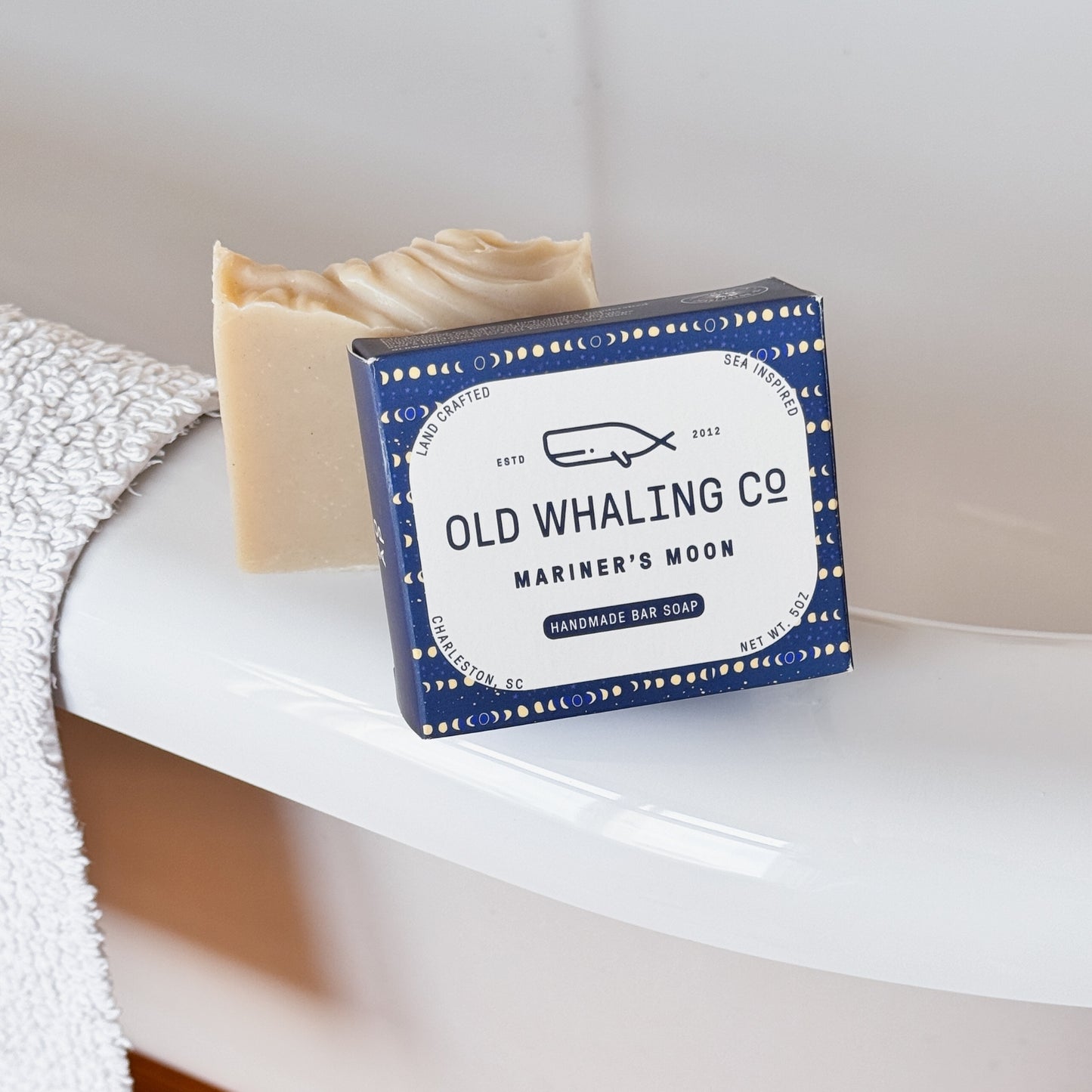 Mariner's Moon Bar Soap and box styled on tub ledge