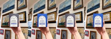 Multiple instances of a person holding 'Shower Steamer' in front of a wall with framed ship pictures