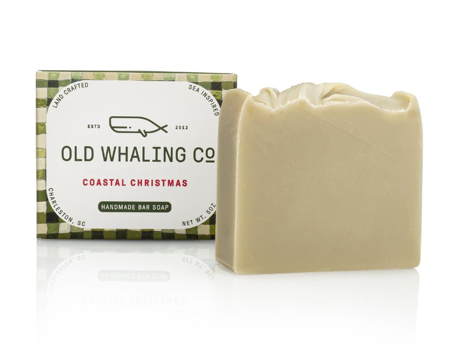 Old Whaling Co Coastal Christmas Pine Scented Bar Soap handmade in Charleston, South Carolina. Green gingham plaid packaging design by Blakely Made.