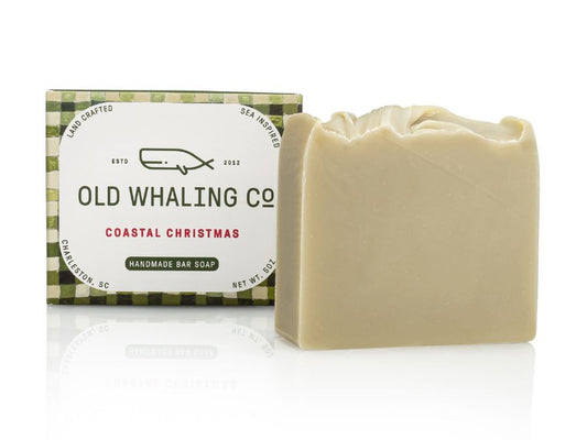 Old Whaling Co Coastal Christmas Pine Scented Bar Soap handmade in Charleston, South Carolina. Green gingham plaid packaging design by Blakely Made.