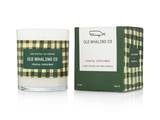 Old Whaling Co Coastal Christmas Pine Scented Soy Wax Candle handmade in Charleston, South Carolina. Green gingham packaging collaboration with Blakely Made.