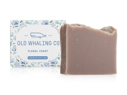 Old Whaling Co Floral Coast Hydrangea Scented Bar Soap handmade in Charleston, South Carolina. Hydrangrea packaging design by Blakely Made.