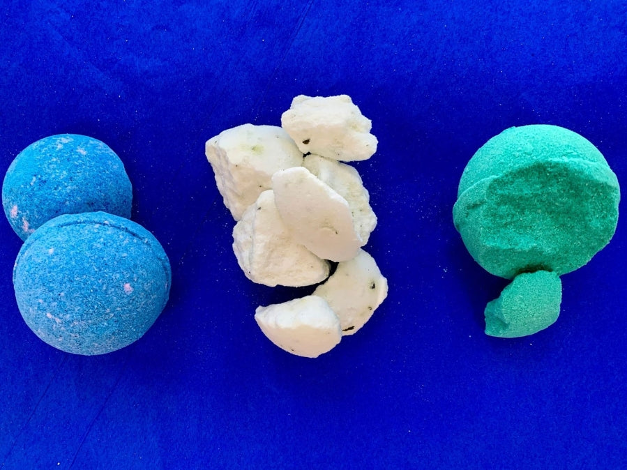 Old Whaling Company oops bombs broken bath bombs on blue background