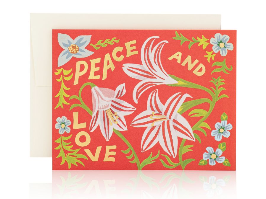 peace and love greeting card with amaryllis flowers