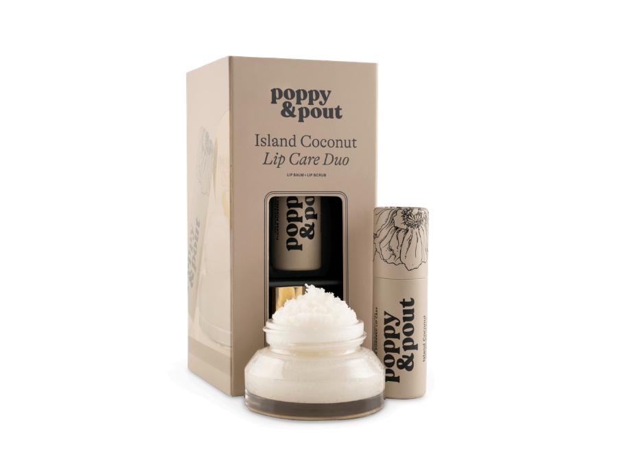 Poppy & Pout Island Coconut Lip Care Duo on a white background