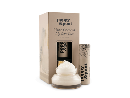 Poppy & Pout Island Coconut Lip Care Duo on a white background