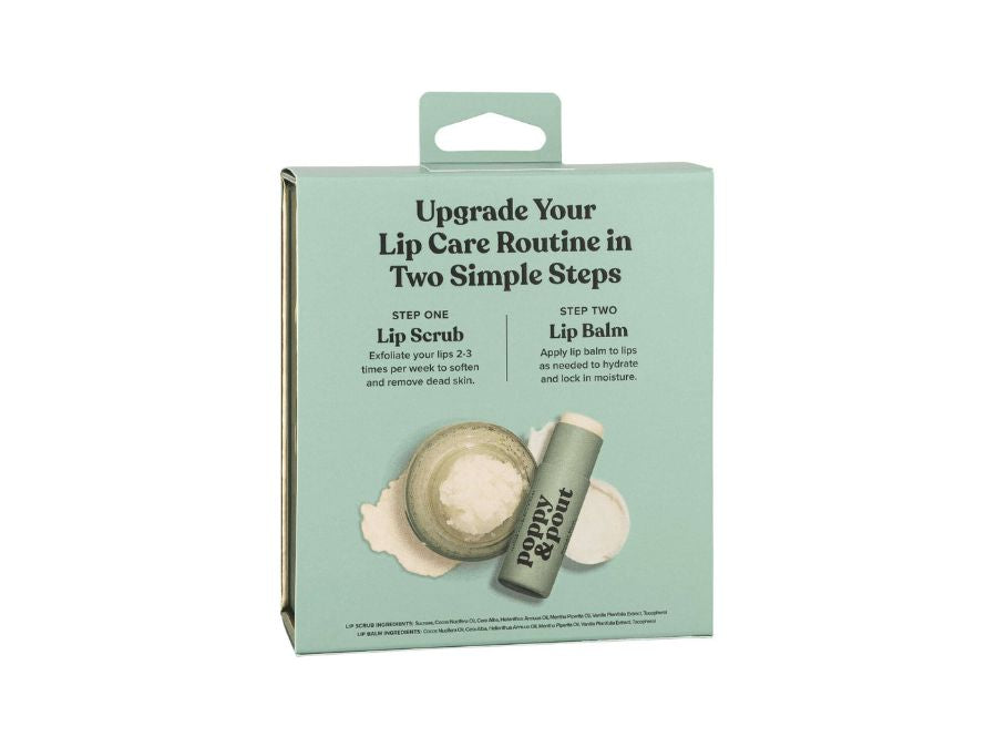 Lip care product set with scrub and balm on a light green background