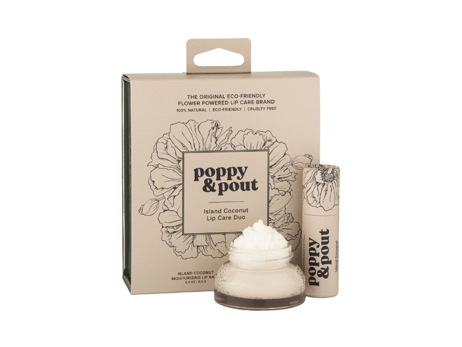 Poppy & Pout lip care product with packaging on a white background