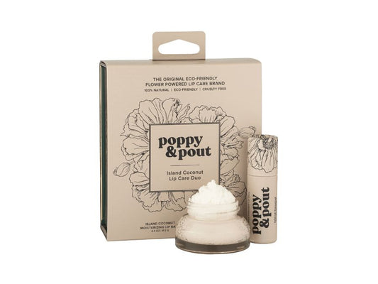Poppy & Pout lip care product with packaging on a white background
