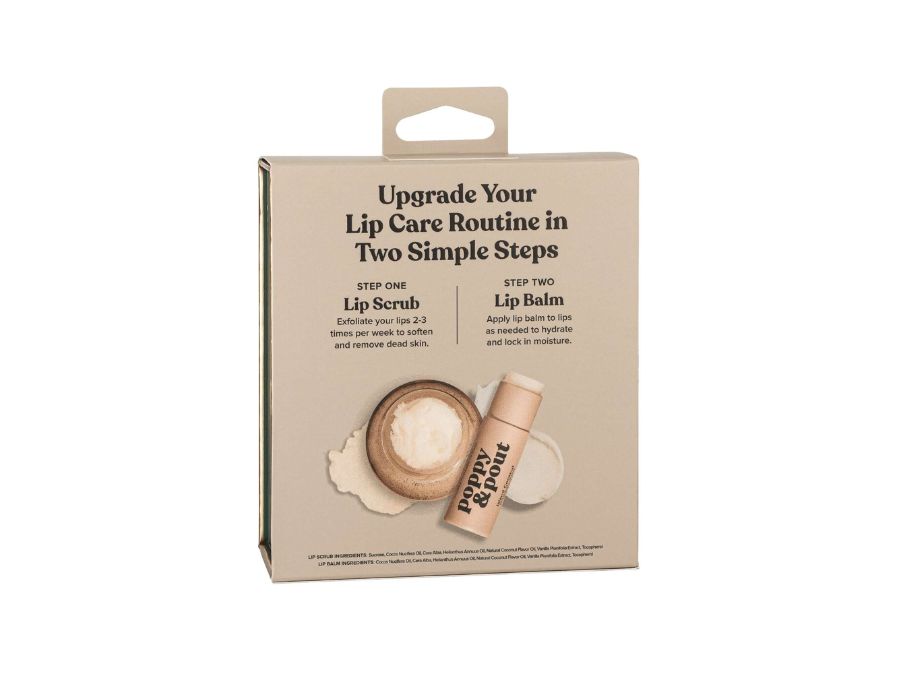 Lip care product set with packaging on a white background